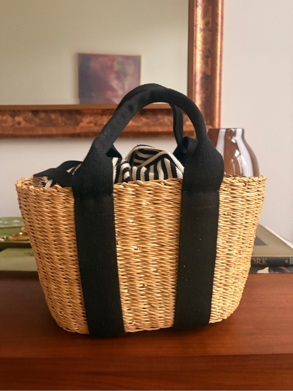 Woven Straw Tote with Black Handles